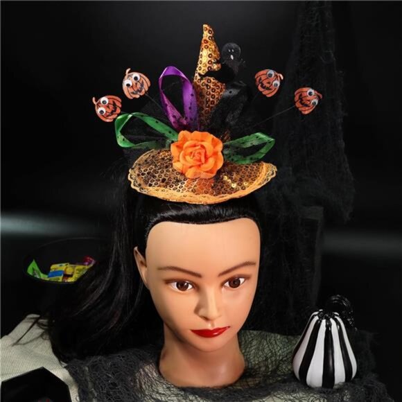 Orange sequined witch hat headband featuring ghost and pumpkin designs - Picture 2 of 7